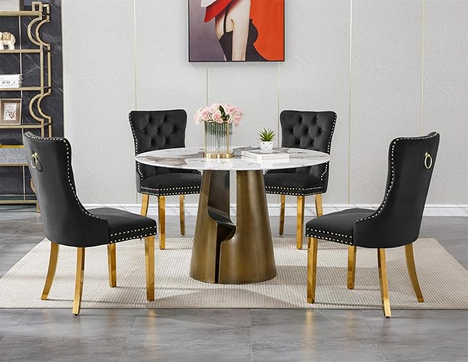 5-Piece Faux Marble Round Dining Table Set for 4, Modern Luxury Kitchen Table Set for 4 with Black Tufted Chairs,Circle Dining Tables with Pandora Grain Top and Bronze Pedestal Base