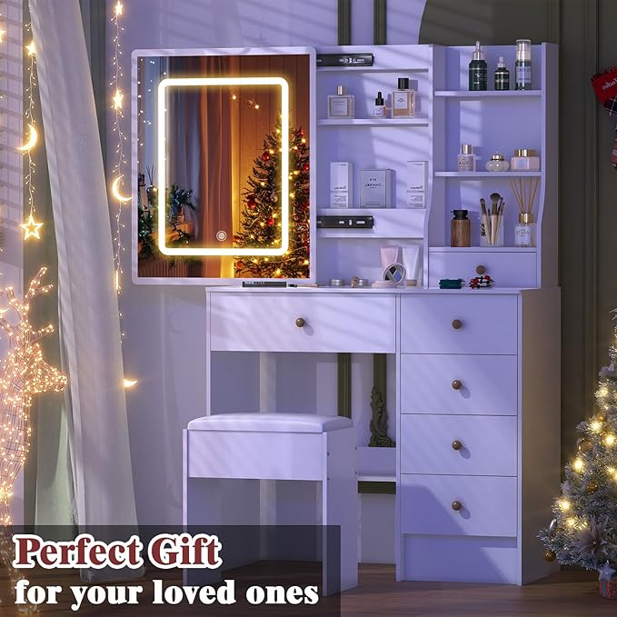 JBLCC Makeup Vanity Desk with Lighted LED Mirror, White Vanity Table with 6 Drawers & Storage Shelves, Modern Dressing Table for Bedroom, Small Vanity Set with Lights