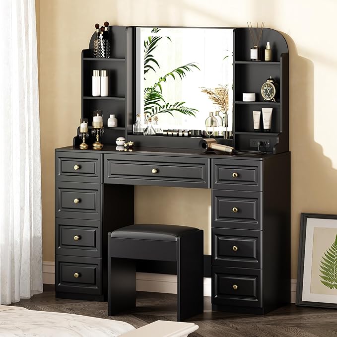 43" Makeup Vanity Desk with Mirror and Lights, & Power Outl, Glass Top Big Vanity Table with 9 Drawers& 8 Storage Shelves, Dressing Table Set with Chair for Bedroom, Black
