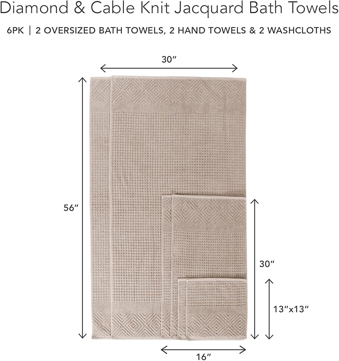 Texere 100% Organic Cotton Diamond Jacquard 700 GSM Luxury Bath Towel Sets - 2 Large Bath Towels, 2 Hand Towels, 2 Washcloths (Diamond, Oxford Tan, 6 Piece)