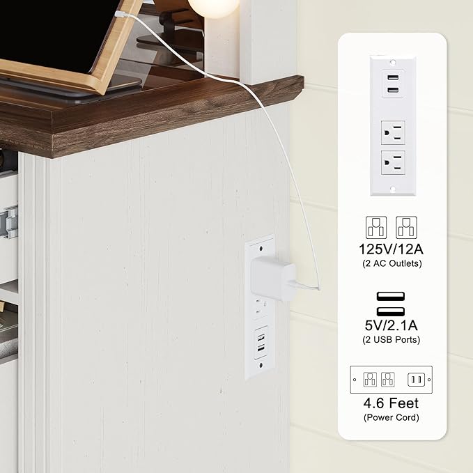 55" Farmhouse Vanity Desk with Large Mirror & Lights, Glass Top Large Makeup Vanity Table with 10 Hollywood Lights Bulbs, Charging Station, 5 Drawers, Dressing Table for Bedroom, Rustic White