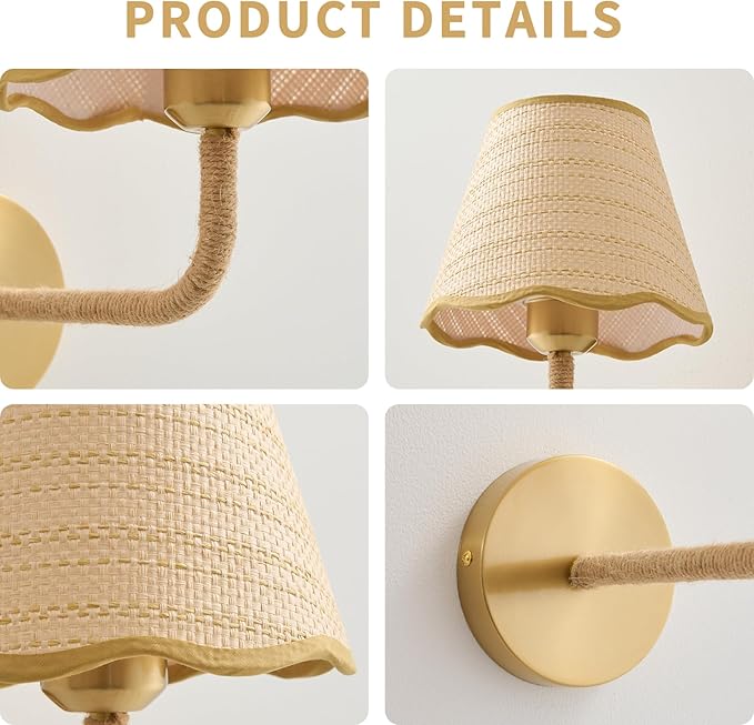 Boho Battery Operated Rattan Wall Sconces Set of Tow, Wireless Rechargeable Battery Powered Wall Light with Grass-Woven Lampshade for Bedroom Living Room Hallway Porch