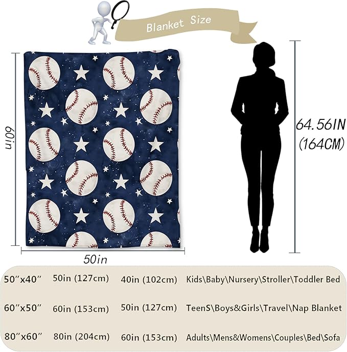 Baseball Blanket - Ultra Soft, Fluffy, Lightweight Flannel Throw Blankets for Couch, Bed, Travel, Outdoor - Cozy, Fuzzy Home Decor, for Adults Kids Men Boys Girls 60×50 in