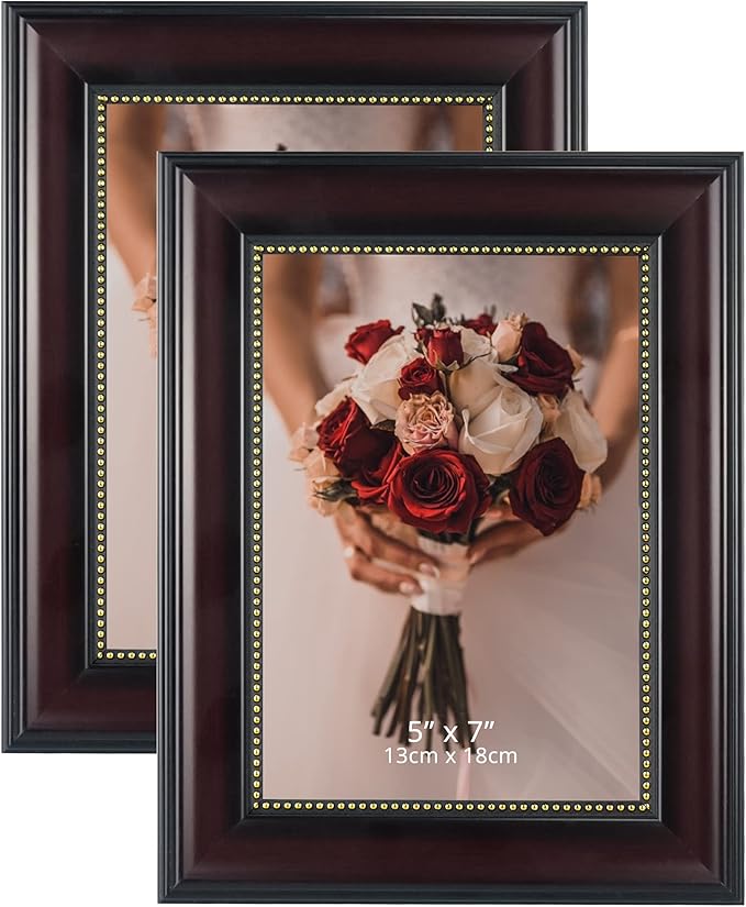 GraduatePro Picture Frames for 5x7 Photo 2-Pack Mahogany with Gold Beaded Wall Tabletop Collage Brown