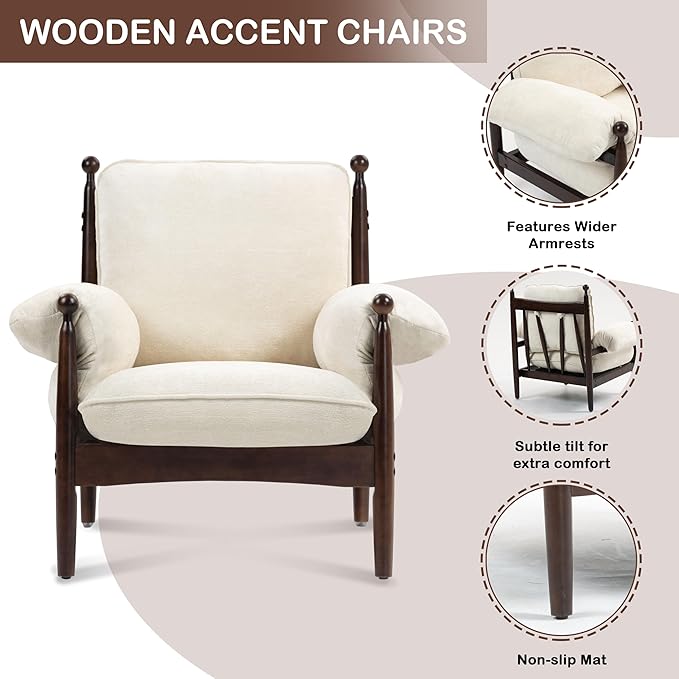 Mid Century Modern Accent Chair with Arms, Upholstered Spindle Chair with Wood Frame, High-Resilience Sponge Cushion for Living Room Bedroom Office