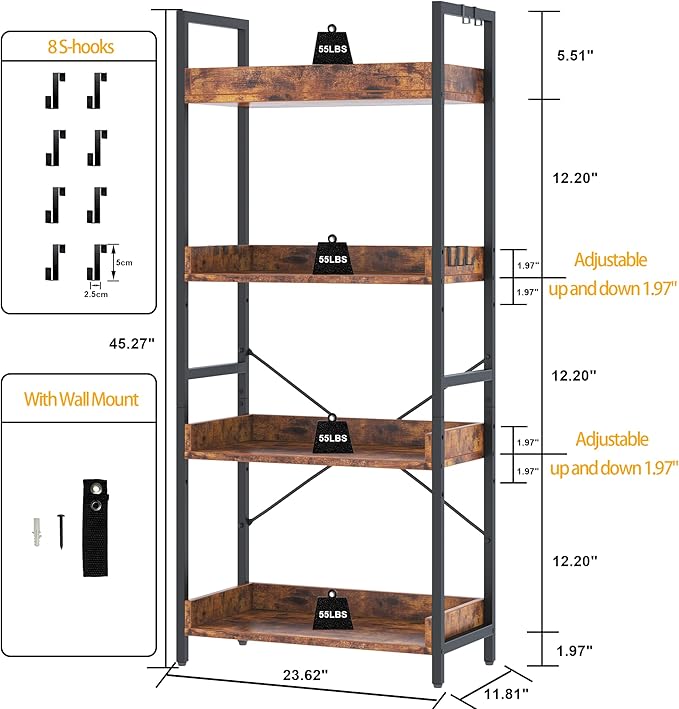HCHQHS 4 Tier Bookshelf, Adjustable Industrial Bookcase, Vertical Tall Book Shelf, Wood and Black Metal Open Bookshelves for Home Office, Living Room, Bedroom
