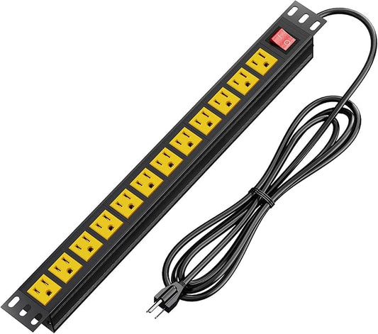 BTU Power Strip Surge Protector Rack-Mount PDU, 12 Outlet Power Strip with Switch, Metal Mountable Heavy Duty for Server Racks, Garage Shop, Industrial Commercial (Yellow 6FT)