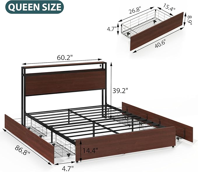 Queen Size Bed Frame with 4 Storage Drawers, Queen Platform Bed Frames with 2 Tier Storage Headboard, Charging Station, Adjustable LED Light, Noise-Free, No Box Spring Required, Reddish Brown