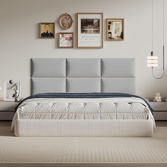 Airy Light Gray Linen Fabric Headboard 24x12 Inch 12-Panel Set - Wall-Mounted or Freestanding for Queen/King Beds, Breathable and Lightweight Design