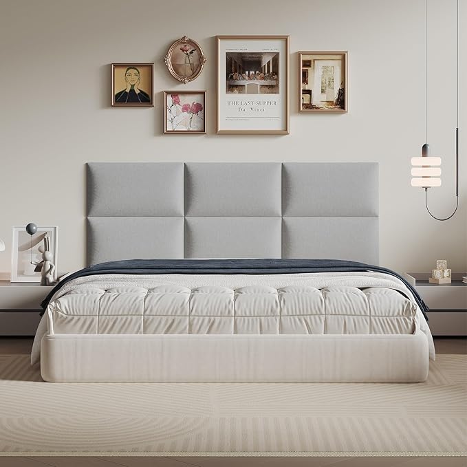 Portable Light Gray Removable Linen Headboard 24x12 Inch 6-Panel Kit - Space-Efficient Design for Queen Beds, No Tools Required