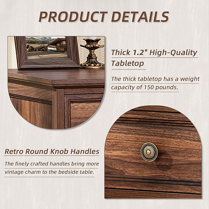 24" Wide Farmhouse Night Stand Set of 2,Large End Table with 3 Drawers & Metal Handle,Wood Dresser for Bedroom,Bed Side Table Chest of Drawers Cabinet,Brown Nightstand for Living Room,Closet