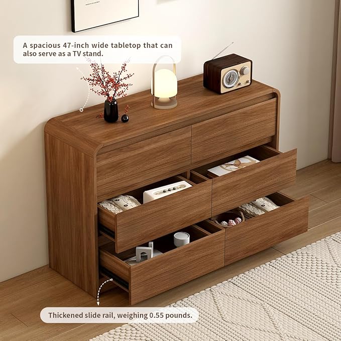 Modern 6 Drawer Dresser, 47-Inch Wood Chest of Drawers, Curved Anti-Collision Design, Mid-Century Storage Cabinet, Pre-Embedded Slots, Natural Texture, for Bedroom, Living Room, TV Stand, Nursery
