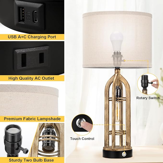 Seealle Table Lamp for Living Room Set of 2 - Wood-Like Bedside Lamp for Bedroom with USB C+A & Outlet, Farmhouse Lamps for Night Stands, 3-Way Dimmable Touch Lamps for Living Room
