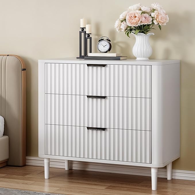 DWVO Fluted 3 Drawer Dresser, 32.5 Wider Modern Dressers Chest of Drawers with Solid Wood Legs, Wood Storage Dresser Organizer for Dorms, Flats, Living Rooms, Hallways, White