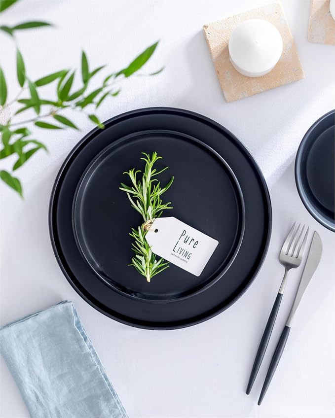Matte Black Dinnerware Set - 32-Piece Stoneware Set for 8 People - Dishwasher & Microwave Safe - Black Matte