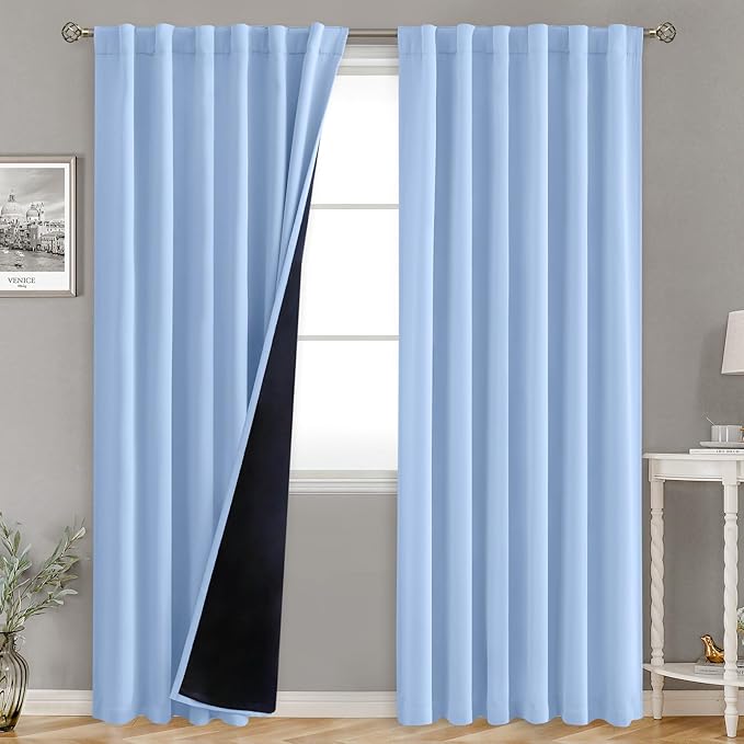 BGment Light Blue 100% Blackout Curtains for Bedroom, 52 x 78 Inch Black Out Curtains Living Room Panels with Thermal Liner, Rod Pocket and Back Tab Double Layer Room Darkening Drapes, 2 Panels