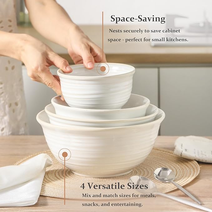 Hasense Ceramic Mixing Bowls, 2.1/1.5/1.0/0.5 Qt, Nesting Bowls for Cooking, Baking, Serving Dishes for Salad, Fruits, Popcorn, Dishwasher & Microwave Safe, Set of 4, Clay-Infused White