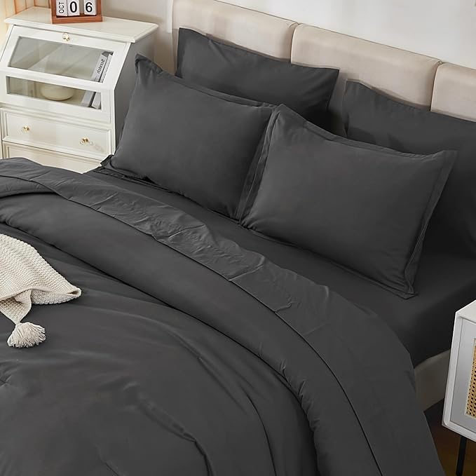 Litanika Twin/Twin XL Size Comforter Sets Grey Dark Grey - 5 Pieces Bed in a Bag Twin/Twin XL Bedding Comforter Sets, Solid Lightweight Bed Set with Comforter, Sheets, Pillowcase & Sham