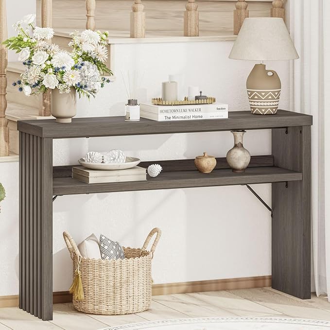 BON AUGURE Sofa Console Table, Wood Entryway Table, Grey Behind Couch Tables with Open Storage, Modern Narrow Hallway Tables (Greige Oak, 47 Inches)