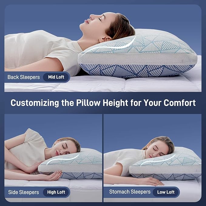 Shredded Memory Foam Cooling Soft Bamboo Viscose Pillow King Size, Adjustable Hypoallergenic Hotel Quality Pillow for Side, Back or Stomach Sleeper, Oeko-TEX Certified