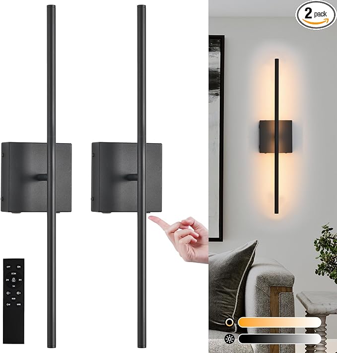Battery Operated Wall Sconces Set of 2, Black Rechargeable Wall Sconce with Remote Control, 3000K-6000K Dimmable LED Wireless Wall Light for Living Room, Hallway, Bedroom, Stairs, 23.6 Inch