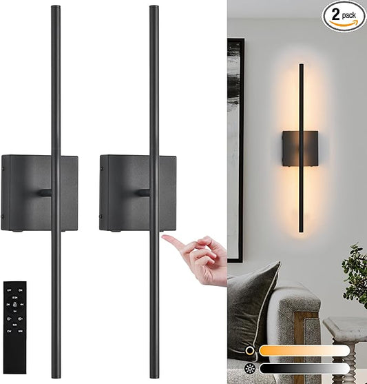 Battery Operated Wall Sconces Set of 2, Black Rechargeable Wall Sconce with Remote Control, 3000K-6000K Dimmable LED Wireless Wall Light for Living Room, Hallway, Bedroom, Stairs, 23.6 Inch