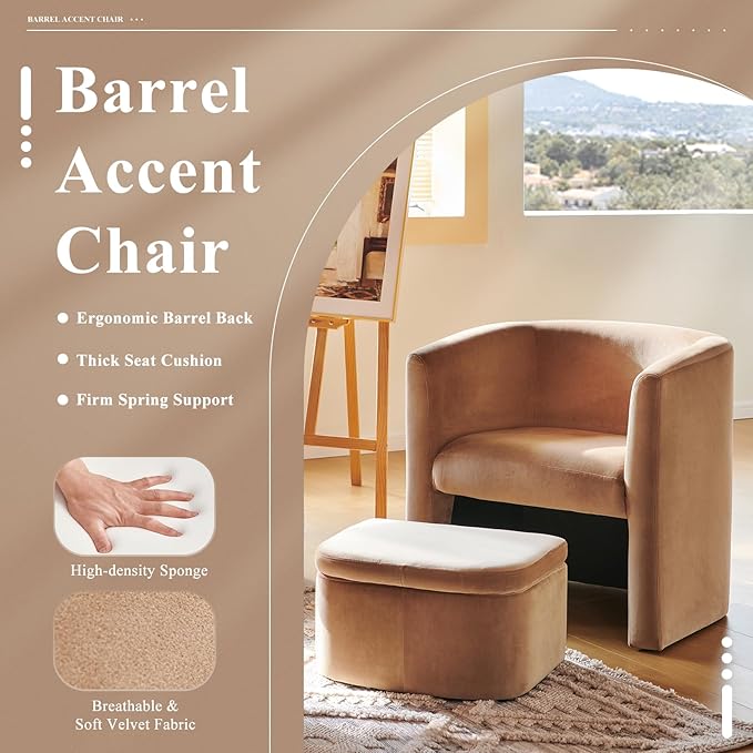 COLAMY Morden Velvet Barrel Accent Chair with Storage Ottoman Set of 2, Upholstered Living Room Side Chair, Single Sofa Armchair with Lounge Seat for Bedroom/Office/Reading Spaces, Khaki