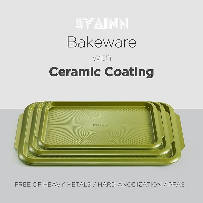SYAINN Non-stick Ceramic Baking Sheet Set, 3 Pieces- Aluminum Steel Cookie Sheets for Baking-Includes Half/Quarter/Jelly Roll Pans-Warp Resistant, Toxic, PTFE & PFOA Free-Grenoble Green