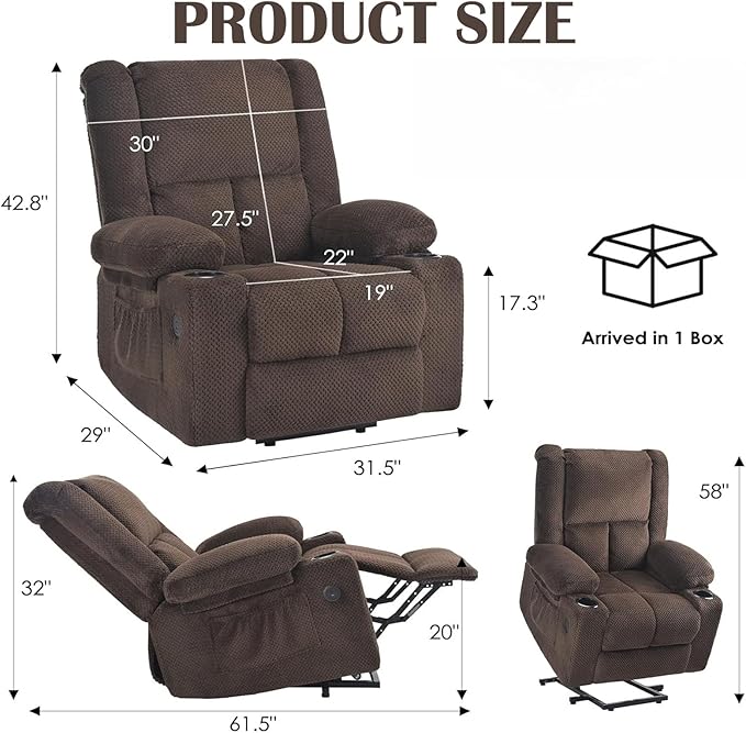 Electric Power Lift Recliner Chair,Reclining Chair with 8 Massage,2 Cup Holders,Side Pockets,USB Charge Port,Remote Control for Living Room,Bedroom,Chocolate