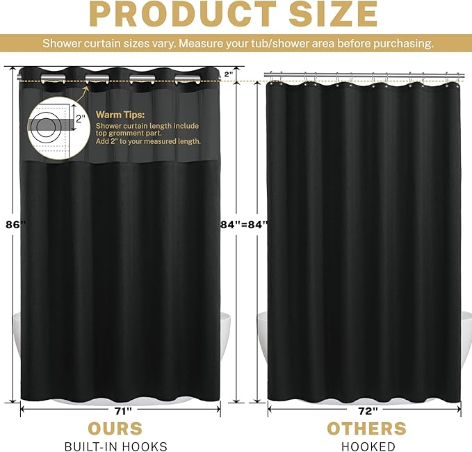 Extra Long No Hook Shower Curtain with Snap in Liner, Polyester Textured Shower Curtain with Liner Set, Waterproof Washable Hotel Style Shower Curtains for Bathroom, 71Wx86H, Black