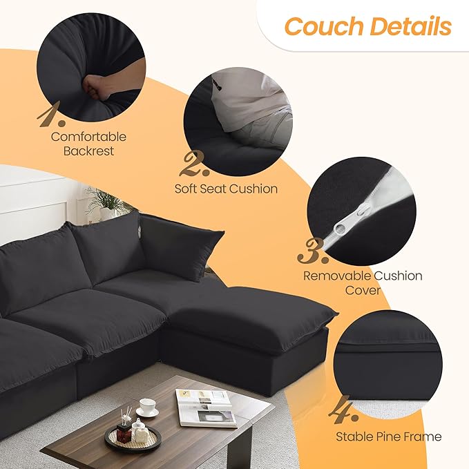 JACH U Shape Sectional Couches for Living Room, 6-Seat Modern Comfy Couch, Convertible Sectional Sofa, Sectional Sofas with Chaise Ottomans for Living Room Bedroom Office Apartment (Black)