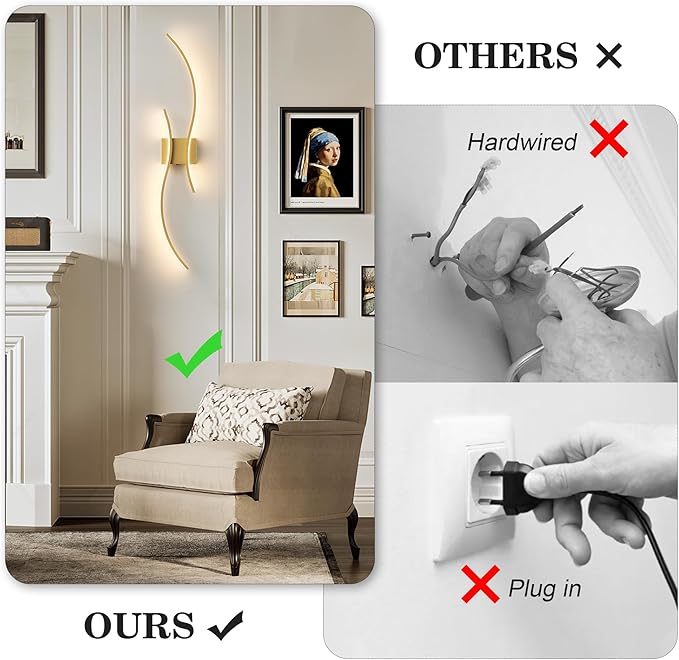 Battery Operated Wall Sconces Set of Two with Remote Control, Stepless Colors 3000K-6000K & Dimming, LED Gold Wireless Wall Light for Living Room, Hallway, Bedroom, 39.3 Inch (2 Pack)