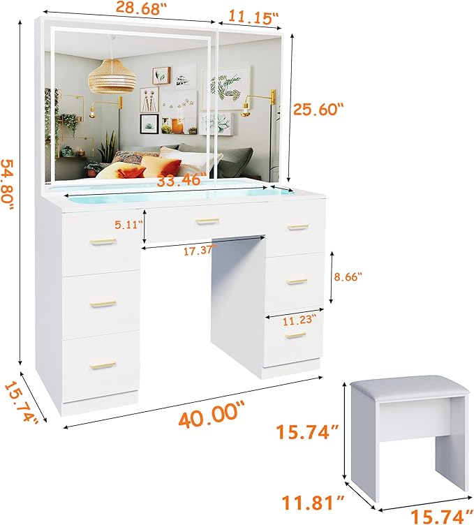 Vanity Desk with Mirror and Lights,Makeup Vanity Table with Glass Top and 7 Drawers&Cushioned Stool,Dressing Table with Drawers, Bedroom Makeup Desk for Women (White-Glass top)