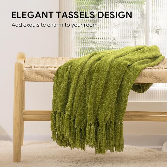 RECYCO Throw Blanket Soft Cozy Chenille Throw Blanket with Fringe Tassel for Couch Sofa Chair Bed Living Room Gift (Green, 60" x 80")