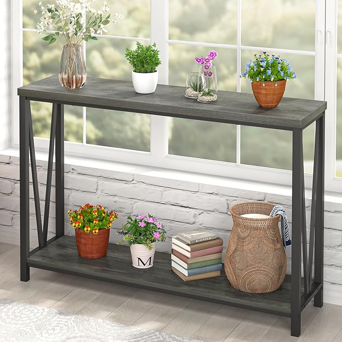 EXCEFUR Entryway Table, Rustic Wood Sofa Console Table with Storage, Modern Hallway Table for Living Room, Grey