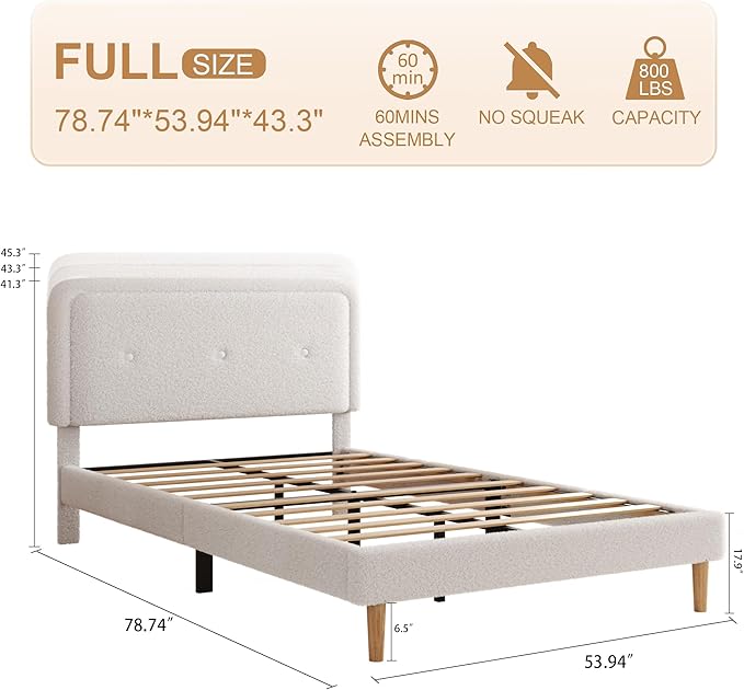 Full Size Boucle Platform Bed Frame, Anti-Collision Soft Rounded Corners, Adjustable Headboard, No Box Spring Needed, Easy Assembly, Noise Free, White