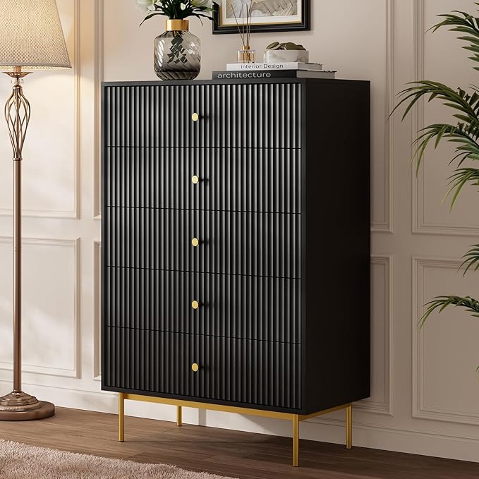 5 Drawer Dresser for Bedroom, Tall Dresser Chest of Drawers with Gold Handles, Wood Storage Cabinet for Bedroom, Black