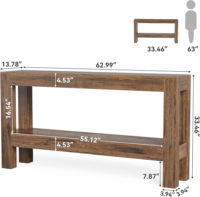LITTLE TREE 63-Inch Narrow Long Console Table for Living Room, Farmhouse Wood Entryway Table for Hallway, Sofa, Entry, Entrance, Foyer, Behind Couch with 2-Tier Shelves, Brown