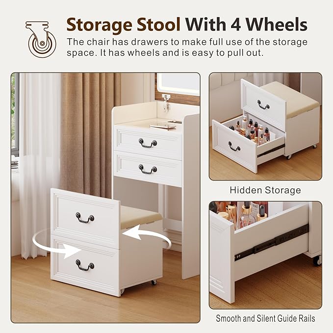 Farmhouse 3 in 1 Vanity with 2 Sockets USB, LED Small Makeup Desk with Flip Top Mirror, Compact Vanity with Glass Desktop, Storage and Cushioned Stool with Wheels,3 Drawers, for Bedroom White