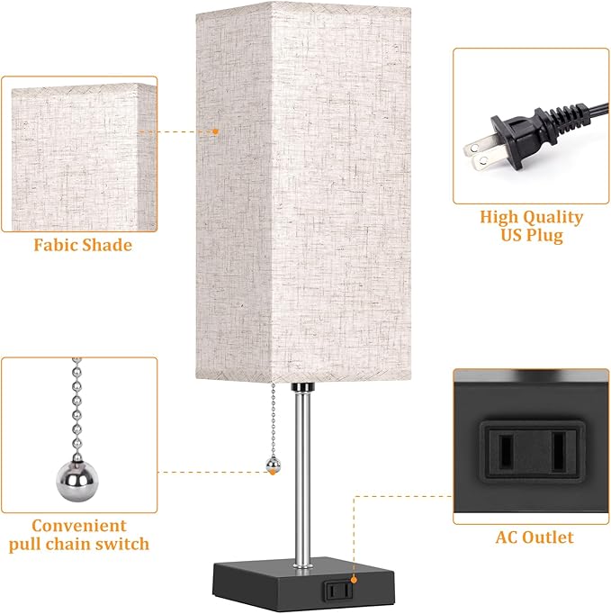 Table Lamp for Bedroom set of 2,3-Color Bedside Lamps with Pull Chain Table Lamps for Nightstand with AC Outlets,18'' Night Light Lamps with 2 Bulb Lamps for Living Room Kids Office Decor（Black+Cream）