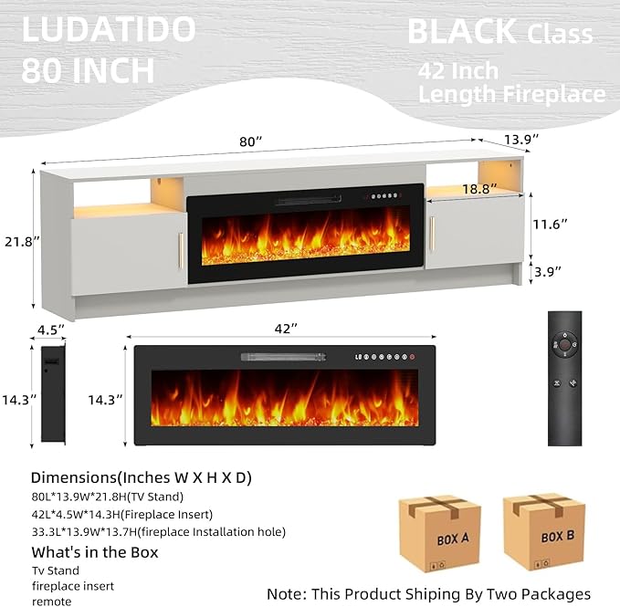 Ludatido 80 Inch TV Stand with 42 inch Electric Fireplace 27 Inch high LED Light Entertainment Center with 3 Open Storage compartments for TVs Up to 90" Black