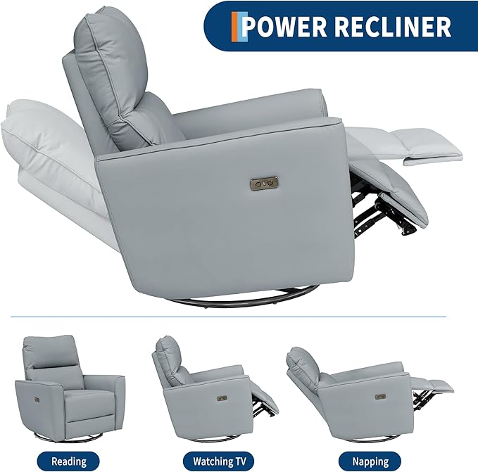 GarveeHome Power Recliner Chair Swivel Glider Upholstered Faux Leather Nursery Rocker Reclining Sofa Chair with Charging Port, Curved Armrests & Padded Backrest (Light Gray)