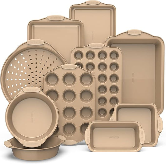 Country Kitchen Nonstick Stackable Bakeware Set - Heavy Duty, Durable, Easy Release Baking Set, Gold, 10 Pcs