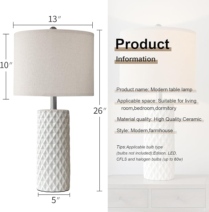 26" Tall Table Lamp for Living Room -Vintage White Lamps Set of 2 Modern Ceramic Lamps for Night Stands, Bedside Lamp for End Tables, Nightstand Lamps for Bedroom