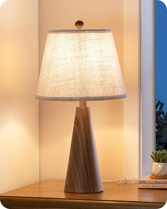 EDISHINE 21.85" Farmhouse Table Lamp, Rustic Bedside Lamp, Water Transfer Walnut Wood Grain Metal Base, Beige Linen Shade, Minimalist Nightstand Light for Living Room, Bedroom, Office, E26 Base