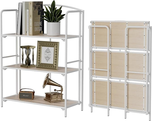 Crofy No Assembly Folding Bookshelf for Living Room, 3 Tier White Collapsible Book Shelf for Home Office, Portable Bookcase Storage Organizer
