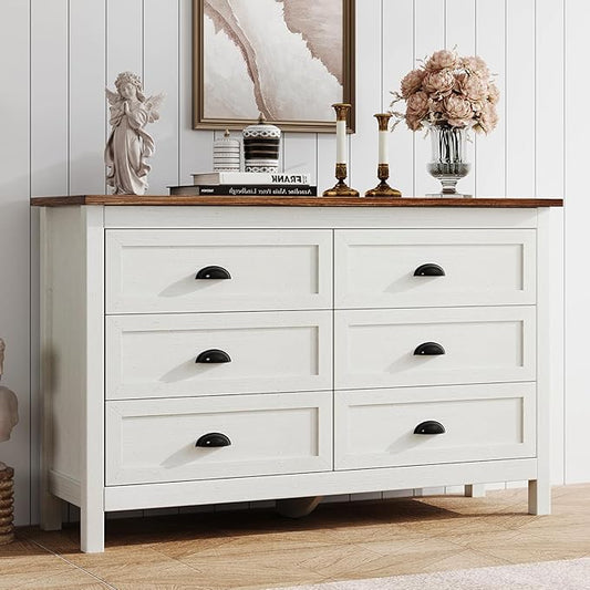 Farmhouse White Dresser for Bedroom, Modern 6 Drawer Double Dresser for Bedroom with Vintage Black Handle, Wide Wood Dressers & Chests of Drawers, 6 Drawer Dressers for Hallway, Antique White