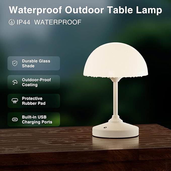 Mushroom Lamp Table Lamp Waterproof,Desk Cordless Battery Operated Lamps for Bedroom,Outdoor Cordless Rechargeable Table Lamps for Night Stands,5000mAh LED Night Light for Living Room(White)