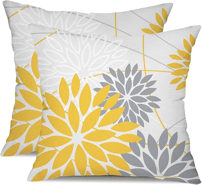 Yellow and Grey Floral Pillow Covers 20x20 Set of 2 Outdoor Waterproof Decorative Throw Pillows Summer Pillow Covers Polyester Cushion Case Decor for Couch Patio Funiture Garden Porch 01Z20