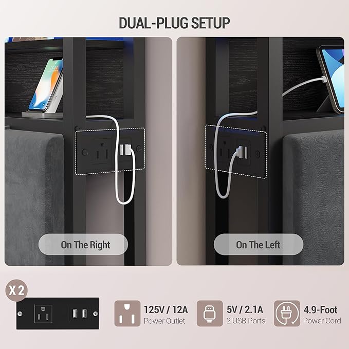 Headboard with 3-Tier Storage Shelves, Velvet Upholstered Head Board with 2 Outlets, USB Ports & LED Light, Soft Backrest for Queen Size Bed, Black BH15204B